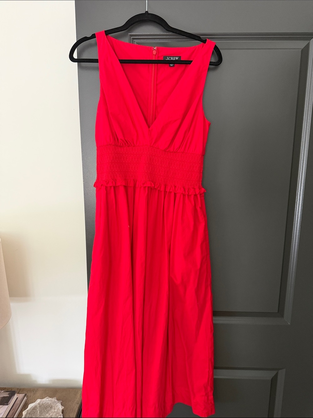 J. Crew Bright Red V-Neck Smocked-Waist Maxi Dress